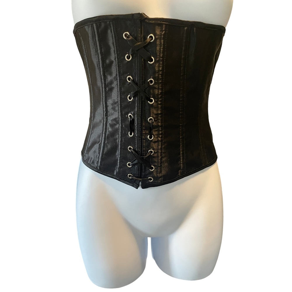 Womens Goth Black Satin Lace Up Boned Corset Bustier Small Steampunk Burlesque